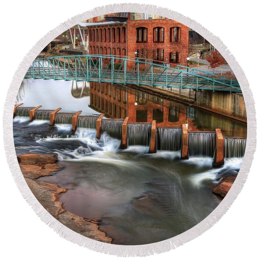 Downtown Greenville Round Beach Towel featuring the photograph Downtown Greenville On The River Winter by Carol Montoya