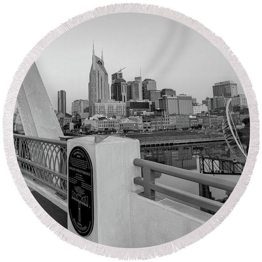 Nashville Skyline Round Beach Towel featuring the photograph Downtown Nashville Skyline from the Shelby Street Bridge - Monochrome by Gregory Ballos