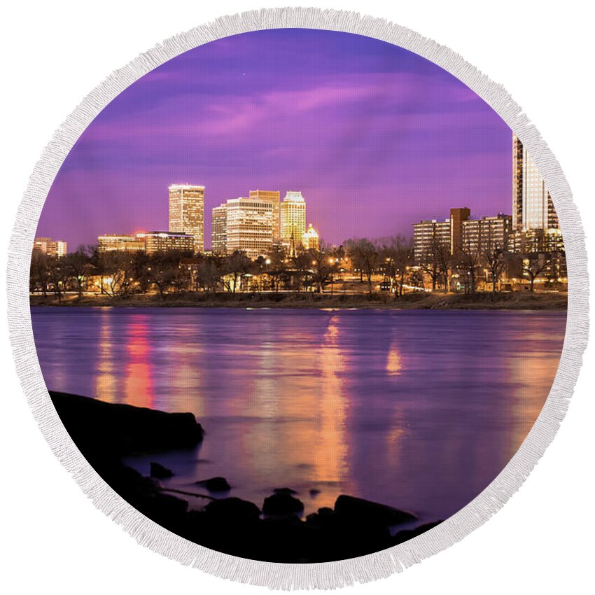 America Round Beach Towel featuring the photograph Downtown Tulsa Oklahoma - University Tower View - Purple Skies by Gregory Ballos