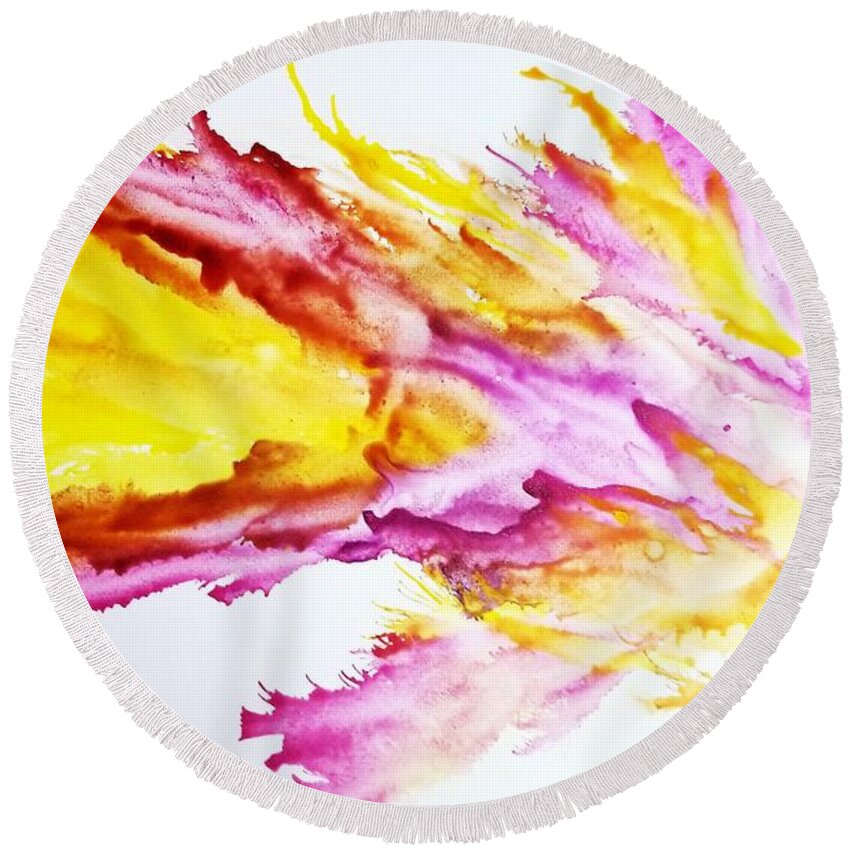 Fire Dragon Ethereal Mystical Purple Pink Yellow Red Orange Landscape Fantasy Alcohol Ink Yupo Decor Round Beach Towel featuring the digital art Dragon breath by Kelly Dallas