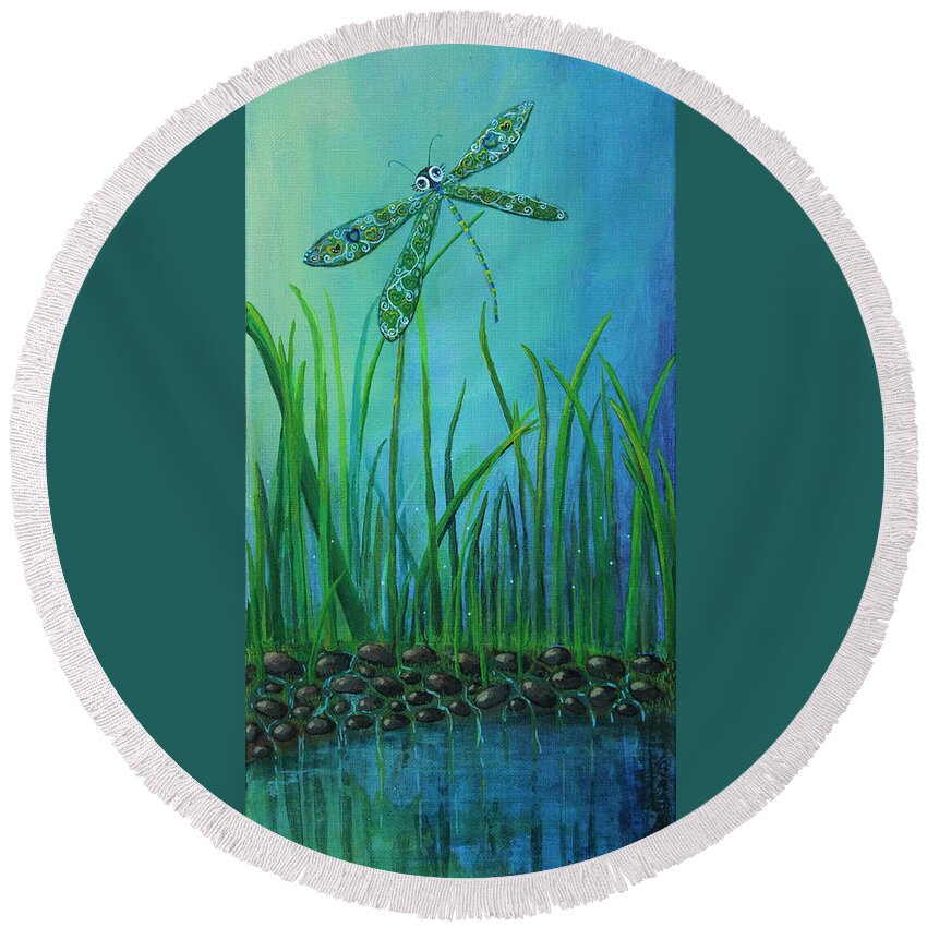 Dragon Fly Round Beach Towel featuring the painting Dragonfly at the Bay by Mindy Huntress
