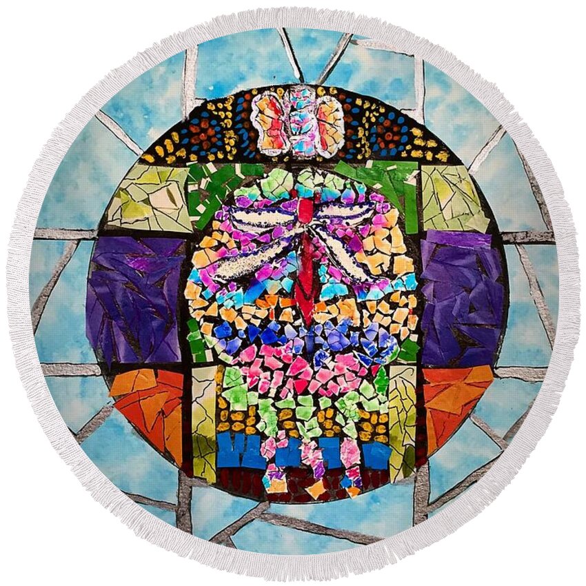 Mosaic Round Beach Towel featuring the painting Dragonfly Mosaic by Anne Sands
