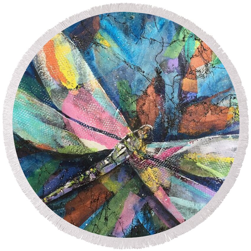 Multicolor Round Beach Towel featuring the painting Dragonfly Voyager by Midge Pippel