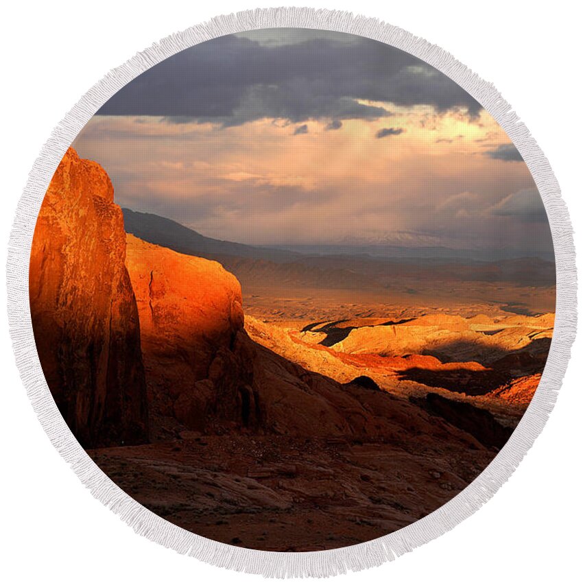 Dramatic Round Beach Towel featuring the photograph Dramatic Desert Sunset by Ted Keller