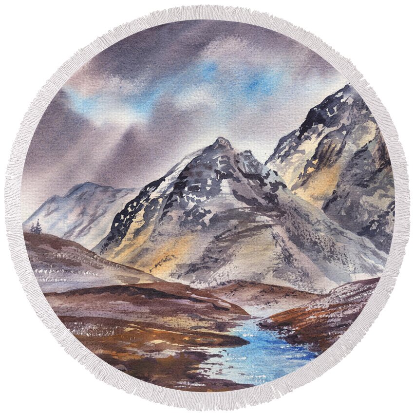 Mountains River Round Beach Towel featuring the painting Dramatic Landscape With Mountains by Irina Sztukowski