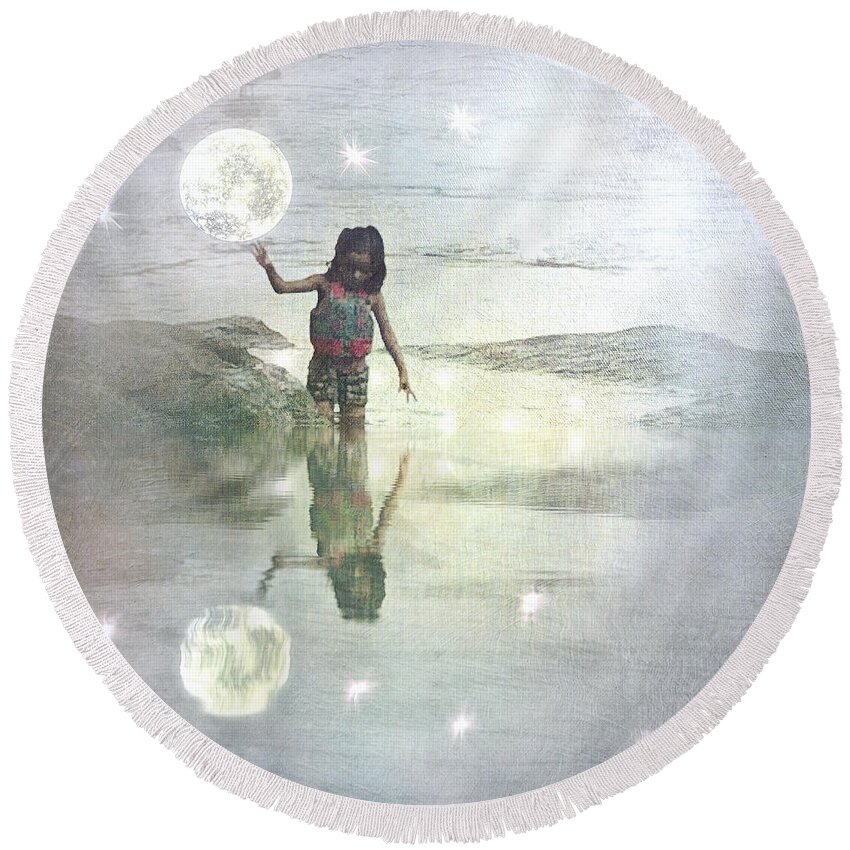 Girl Round Beach Towel featuring the digital art To Touch the Moon by Melissa D Johnston