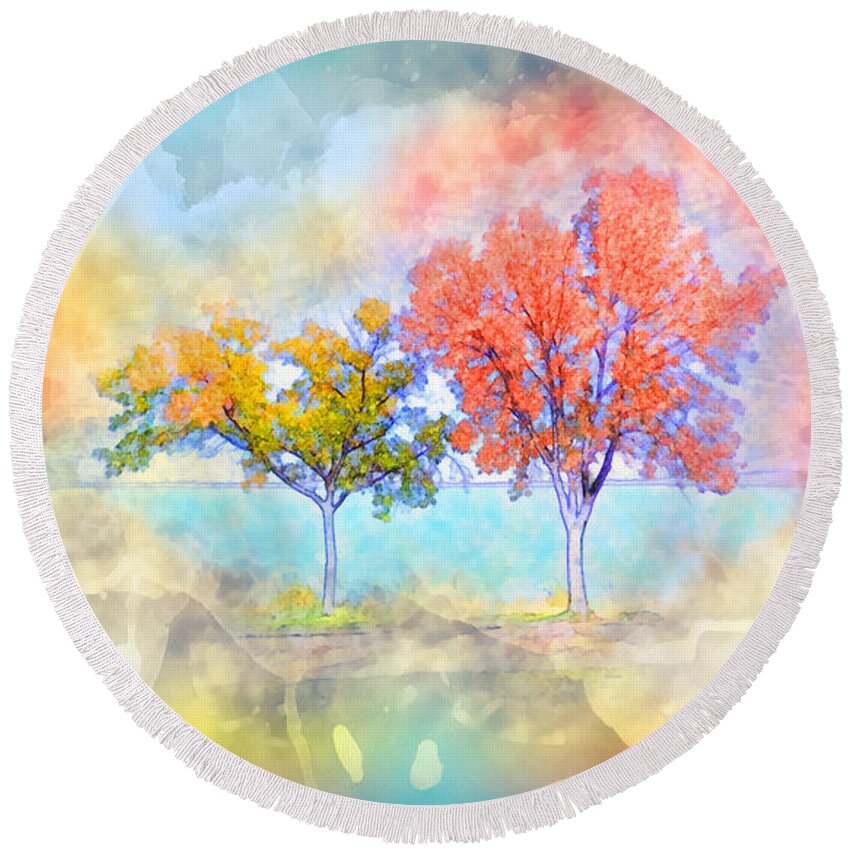 Dreamscape Round Beach Towel featuring the digital art Dreamscape - Autumn Trees by Carlos Vieira