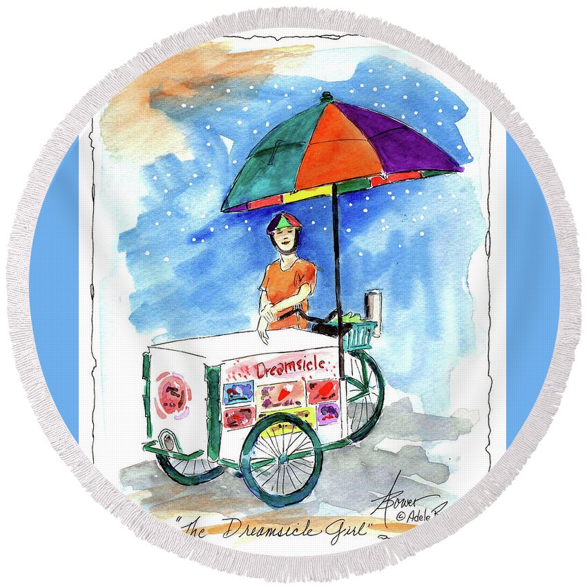 Ice Cream Round Beach Towel featuring the painting Dreamsicle Girl by Adele Bower