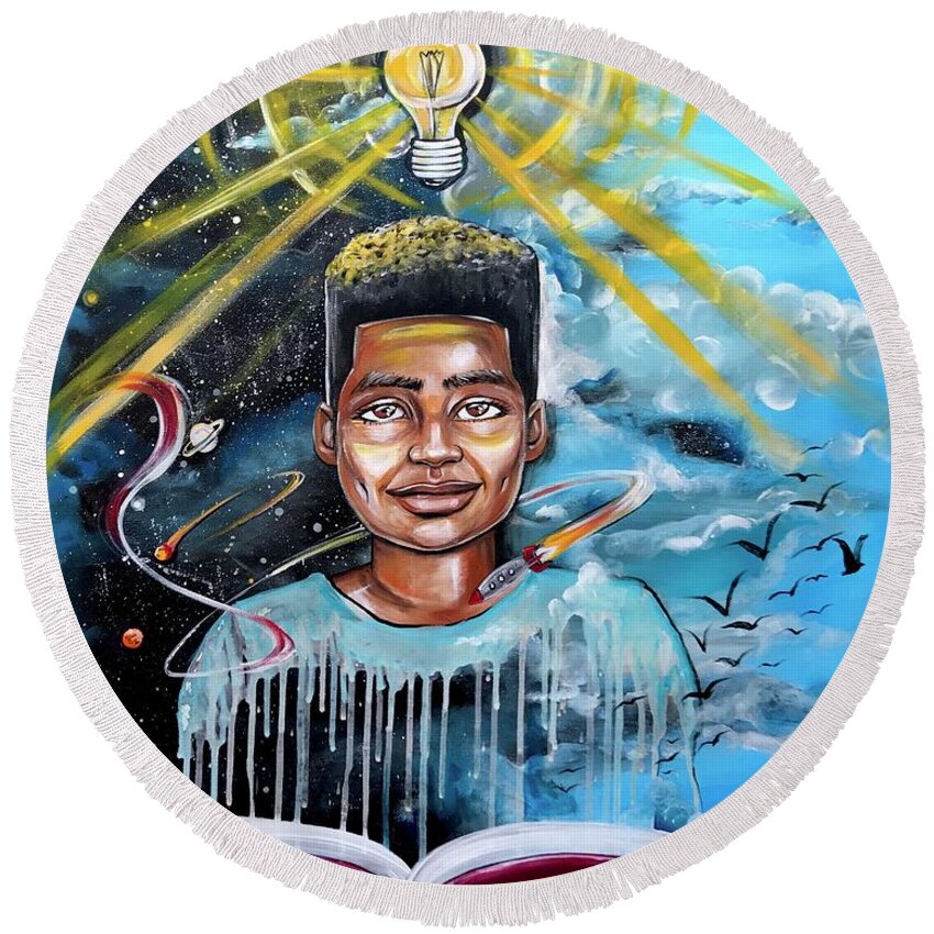 Boy Round Beach Towel featuring the painting Drenched in Knowledge by Artist RiA