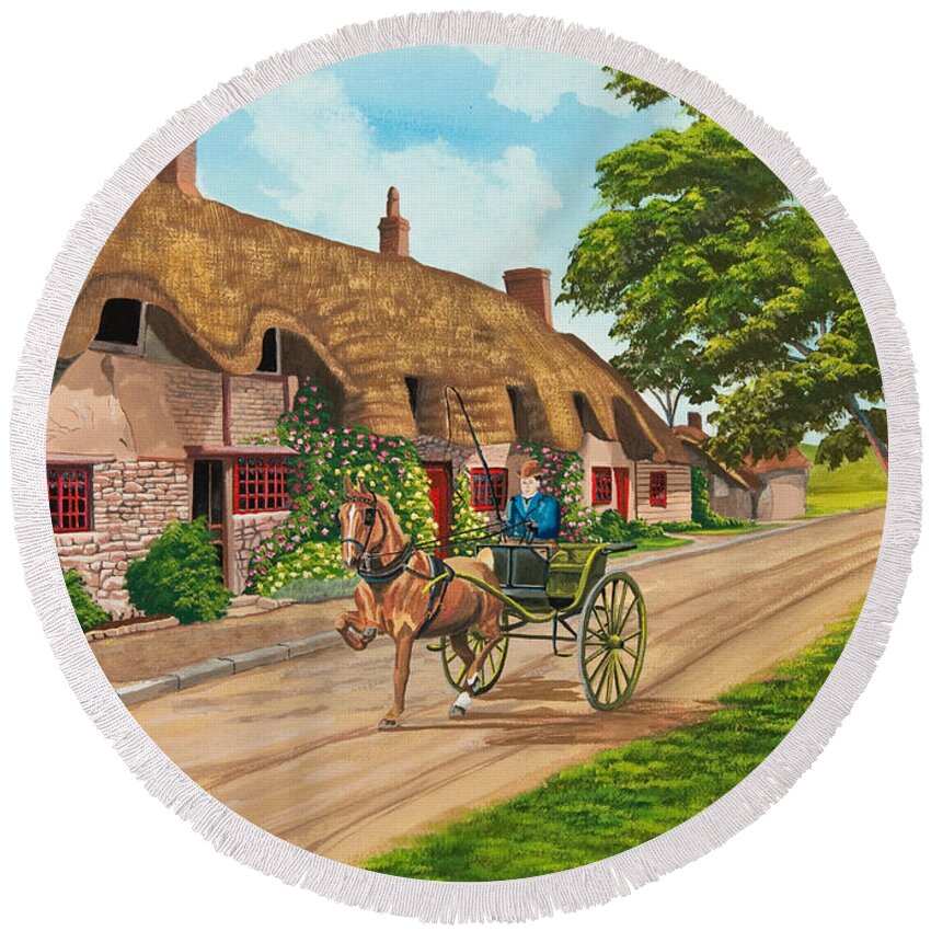 English Painting Round Beach Towel featuring the painting Driving a Jaunting Cart by Charlotte Blanchard