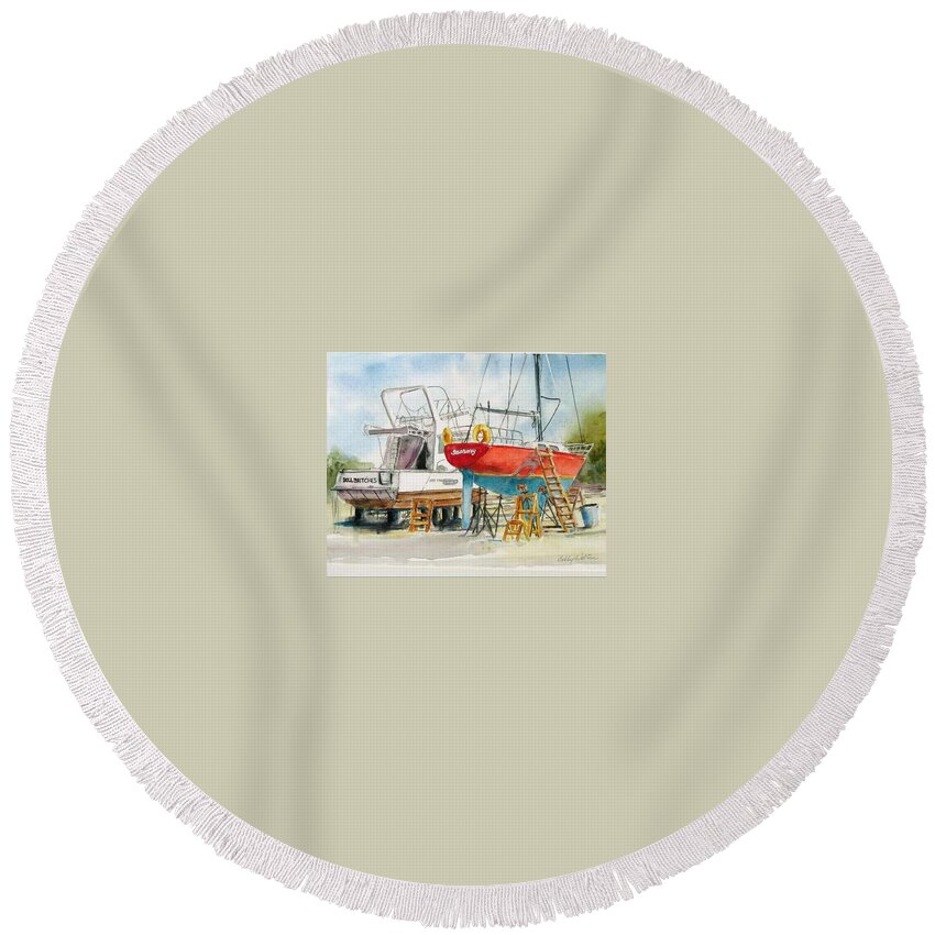 Boats Round Beach Towel featuring the painting Dry Dock by Bobby Walters