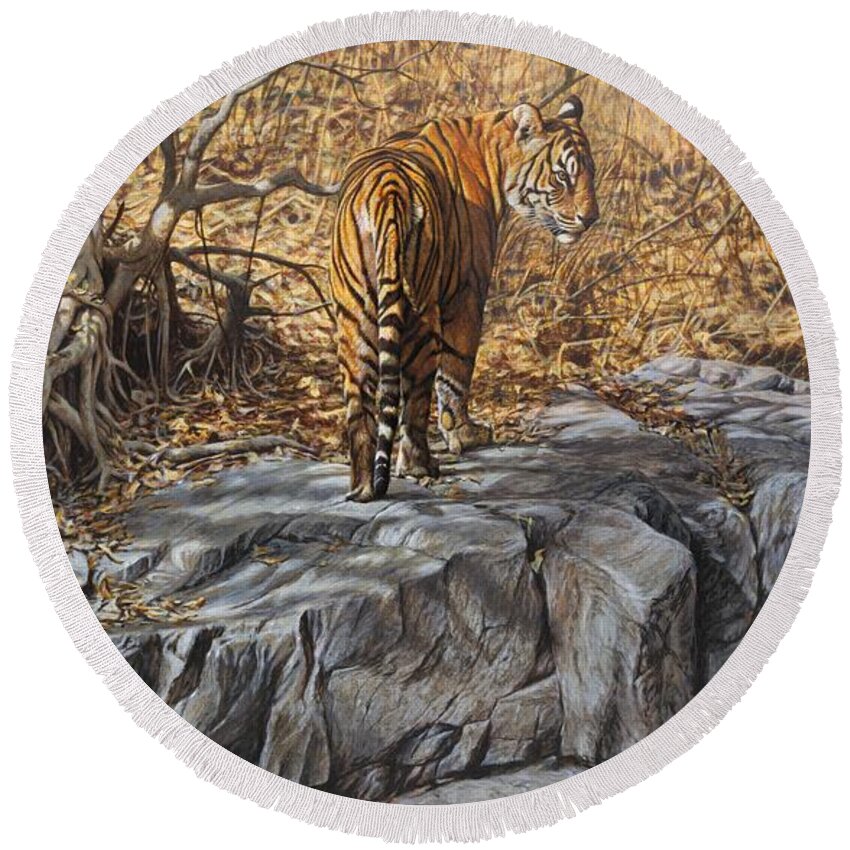 Wildlife Paintings Round Beach Towel featuring the painting Dry, Hot and Irritable by Alan M Hunt