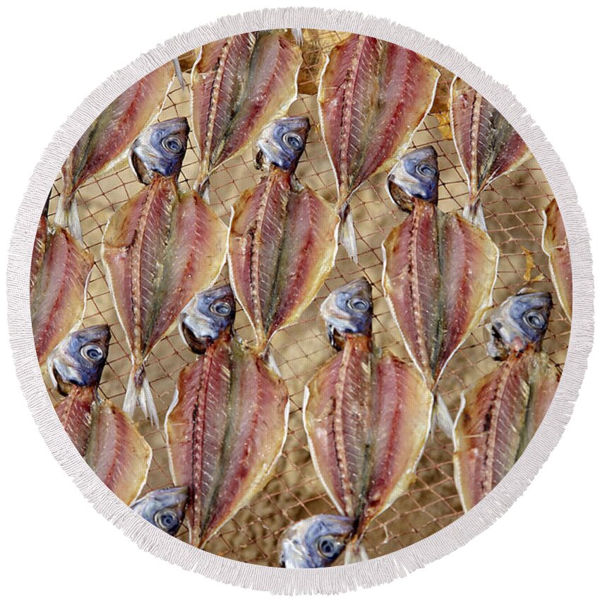 Abstract Round Beach Towel featuring the photograph Drying Fish on a Rack by Heiko Koehrer-Wagner