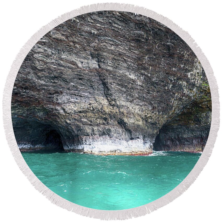 Napali Coast Round Beach Towel featuring the photograph Dual Caves by Jason Wolters