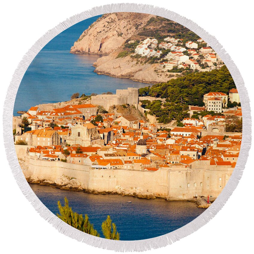 Aerial Round Beach Towel featuring the photograph Dubrovnik Old City by Thomas Marchessault
