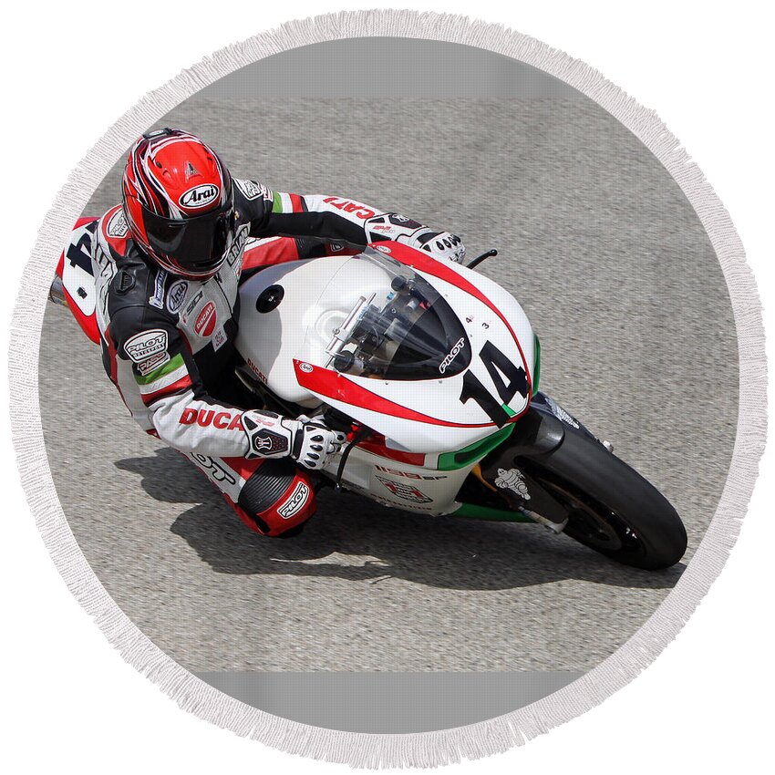 Motorsports Round Beach Towel featuring the photograph Ducati at Work by Shoal Hollingsworth