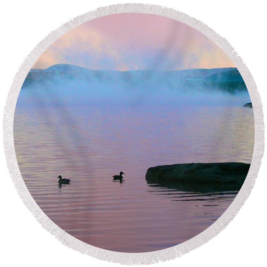  Round Beach Towel featuring the photograph Ducks at Dawn by Polly Castor