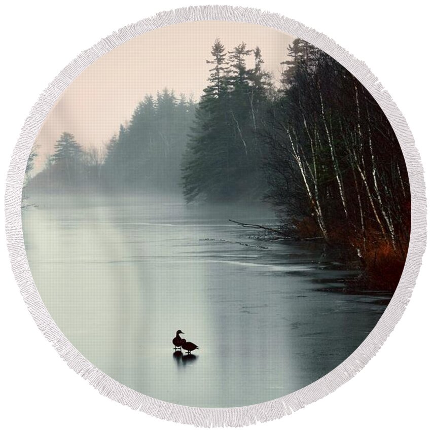 Nature Round Beach Towel featuring the photograph Ducks on a Frozen Pond by Elaine Manley