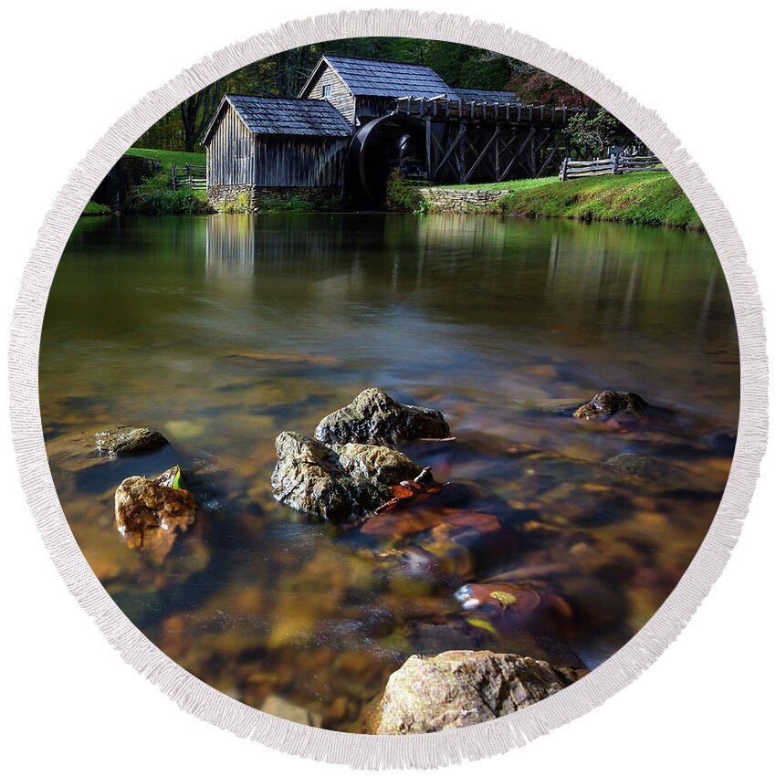 Mabry Round Beach Towel featuring the photograph Ducks view of Mabry Mill by Steve Hurt