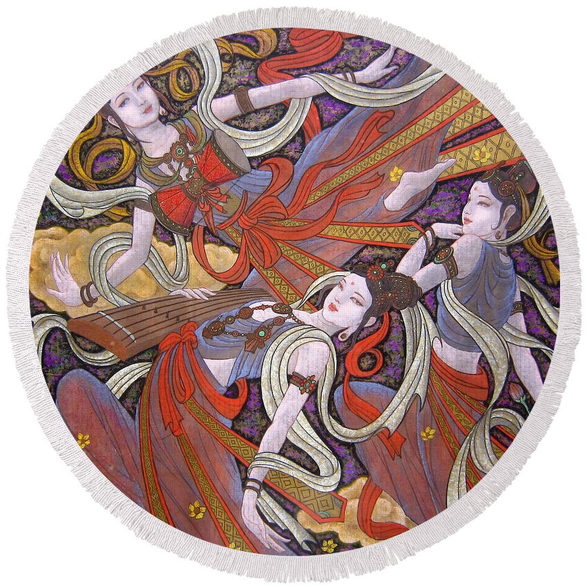 Dunhuang Round Beach Towel featuring the drawing Dunhuang flying dance-Heavy color drawing-Traditional Chinese painting    by Artto Pan