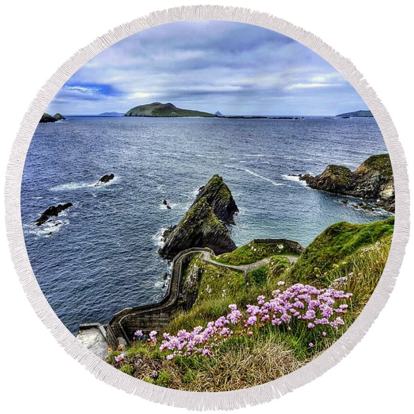 Dunquin Pier Round Beach Towel featuring the photograph Dunquin Flowers by Joe Ormonde