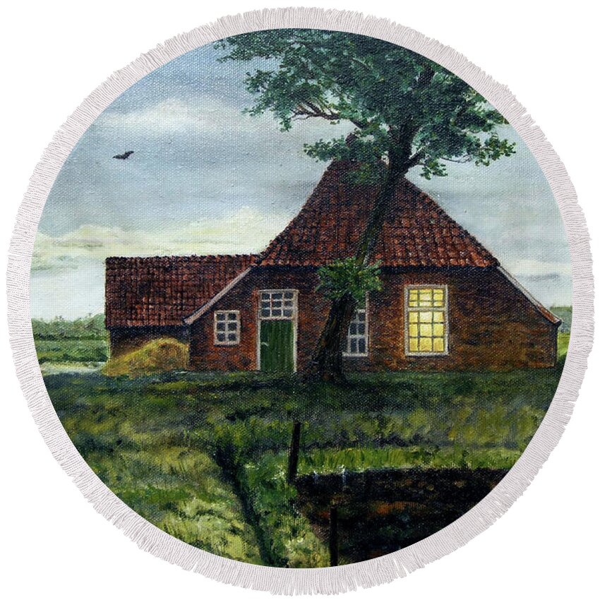 Farm Round Beach Towel featuring the painting Dutch Farm at Dusk by Arie Van der Wijst