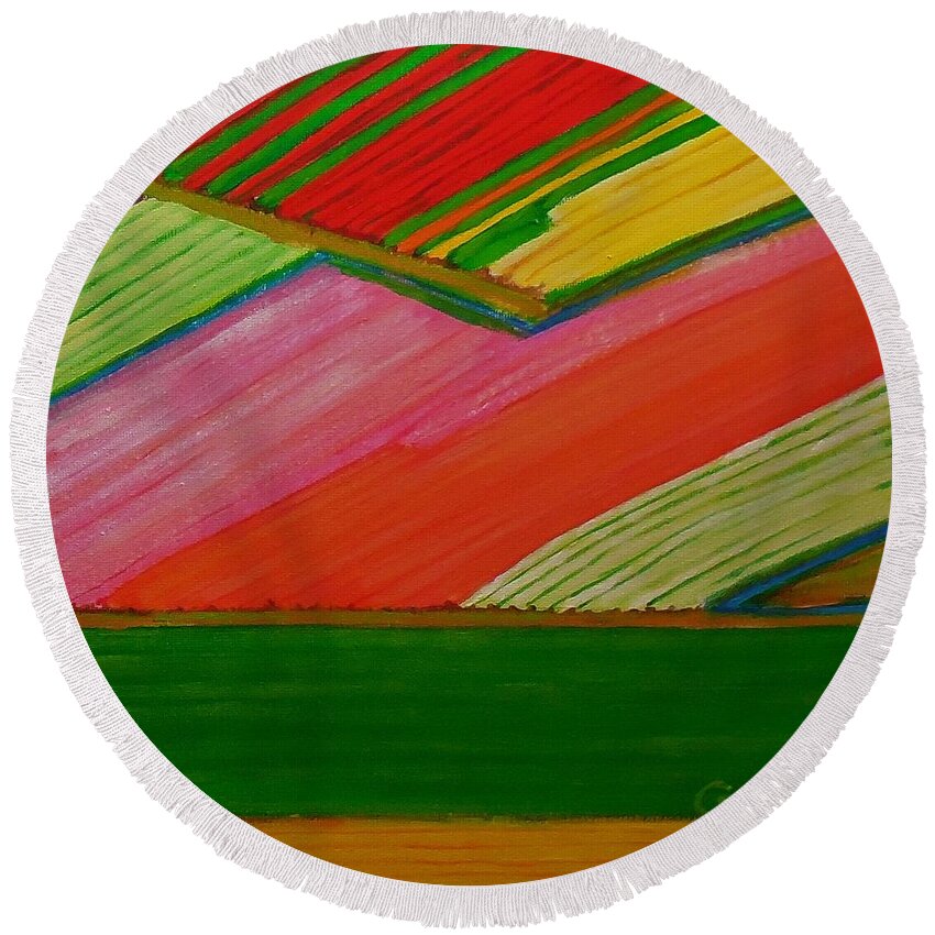 Dutch Tulip Fields Round Beach Towel featuring the painting Dutch Tulip Fields by Cami Lee