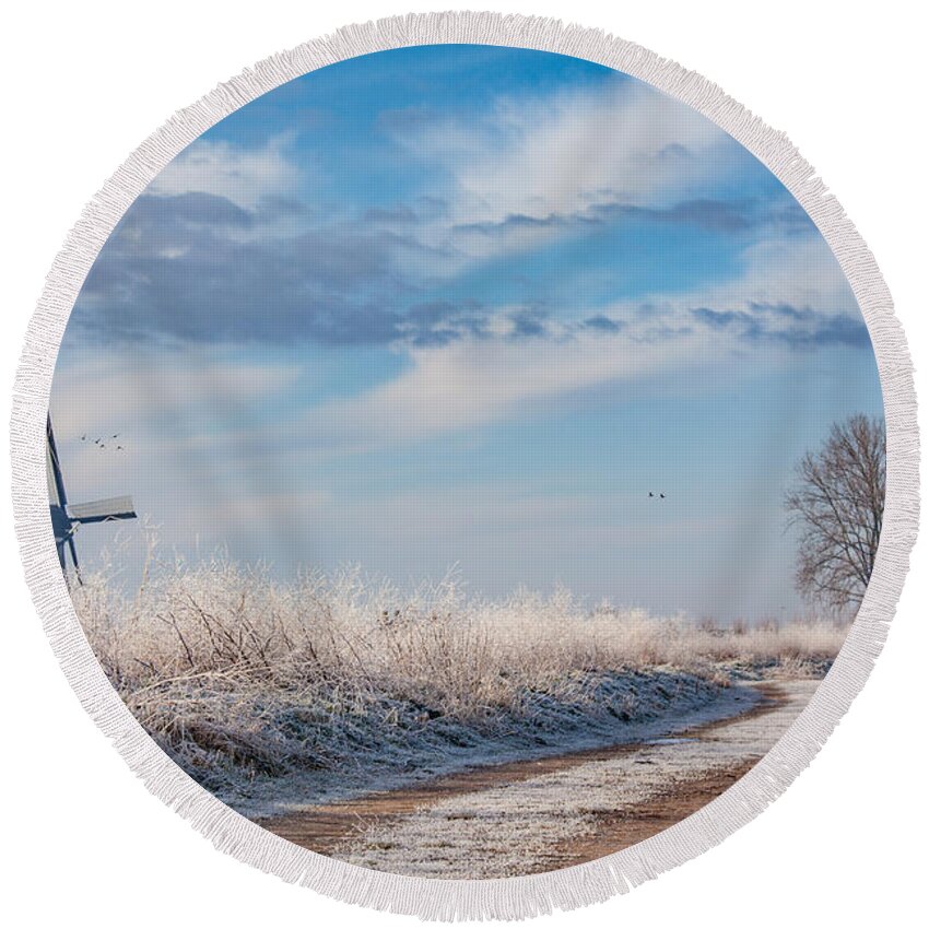 Holland Round Beach Towel featuring the photograph Dutch windmill in winter by Casper Cammeraat