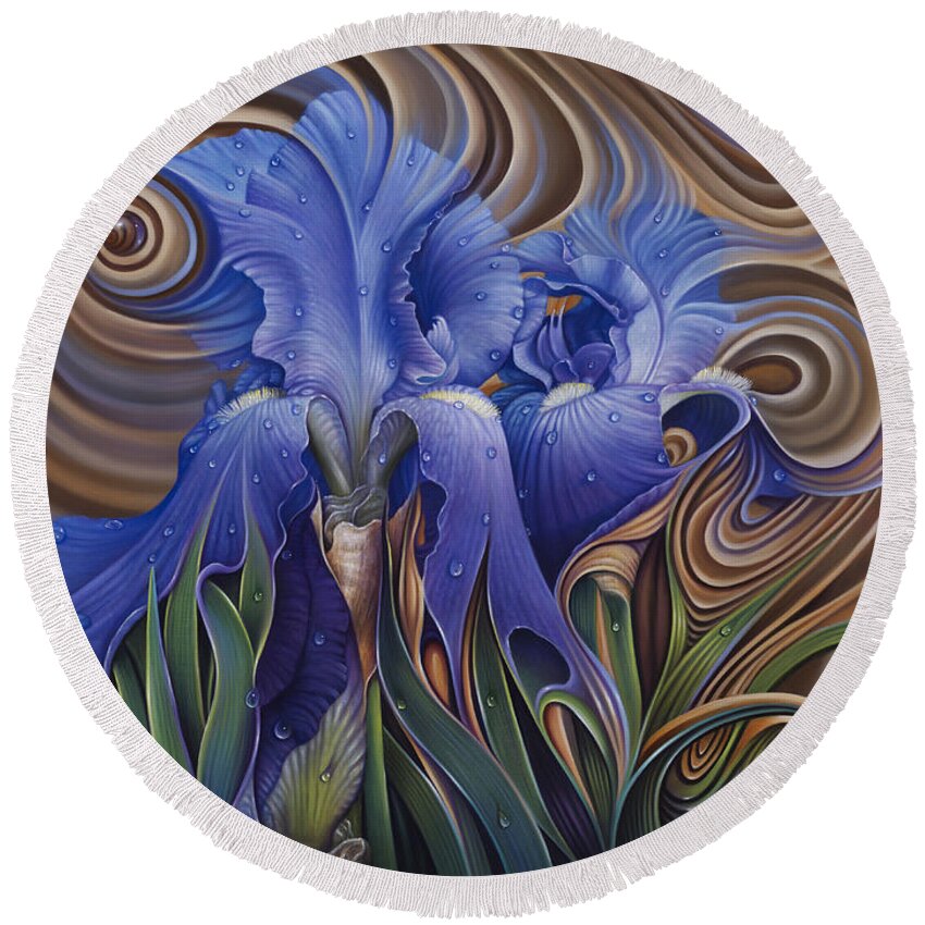 Flower Round Beach Towel featuring the painting Dynamic Iris by Ricardo Chavez-Mendez