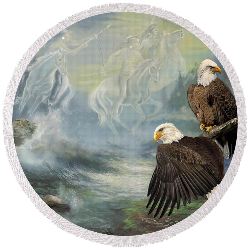  Animals Round Beach Towel featuring the painting Eagels and Native American Spirit Riders by Regina Femrite