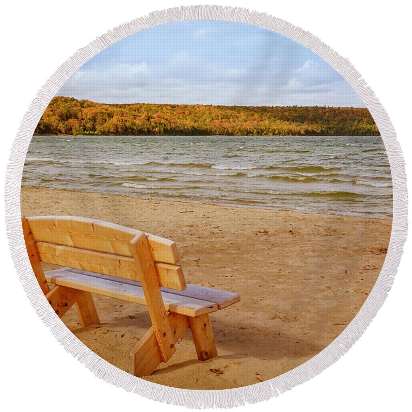 Eagle Harbor Round Beach Towel featuring the photograph Eagle Harbor Summer is Over by Hermes Fine Art