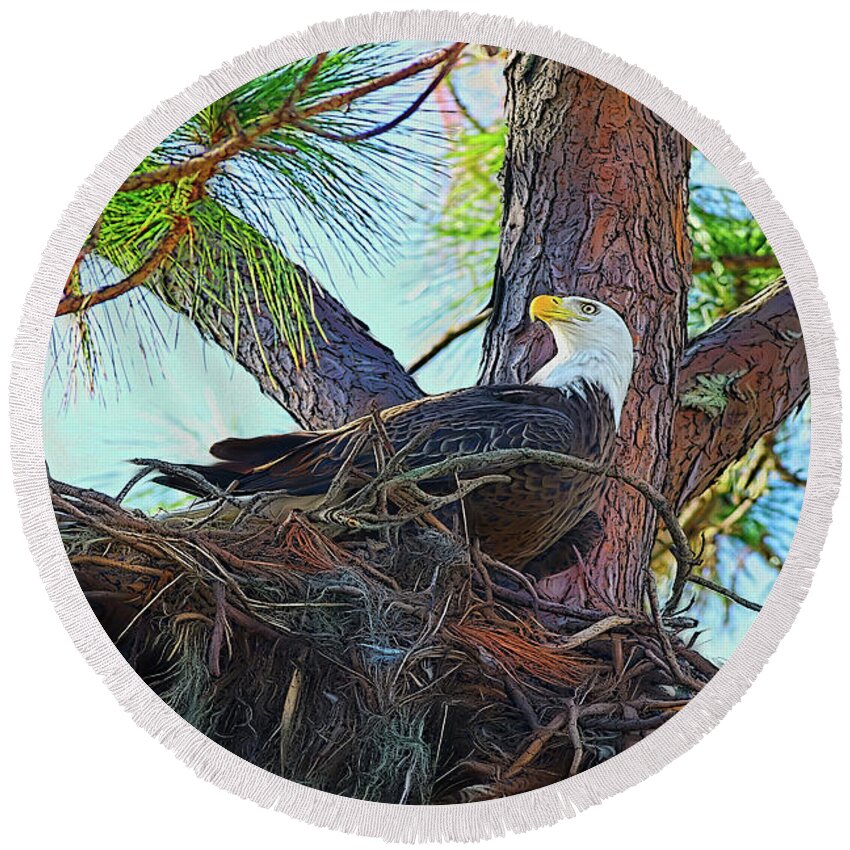 Eagle Round Beach Towel featuring the painting Eagle Nest Painterly by Deborah Benoit