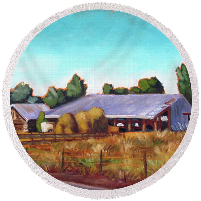 Eagle Round Beach Towel featuring the painting Eagle Road Barn by Kevin Hughes