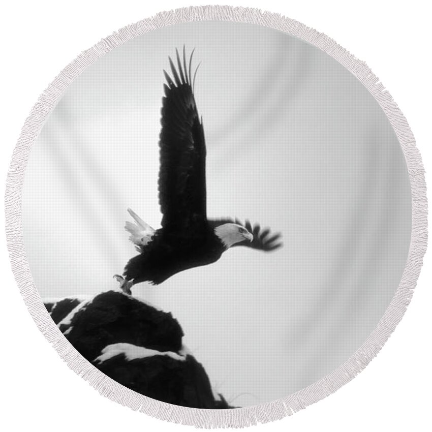 Nature Round Beach Towel featuring the photograph Eagle Takeoff at Adak, Alaska by John A Rodriguez