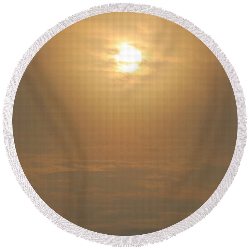 Early Morning Sun Clouds Fog Multicolored Round Beach Towel featuring the photograph Early Morning Sunrise by Scott Burd
