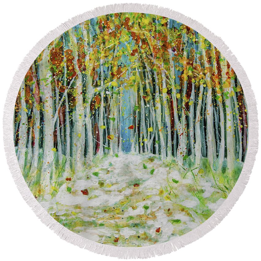 Snow Round Beach Towel featuring the painting Early Snow by Elaine Berger