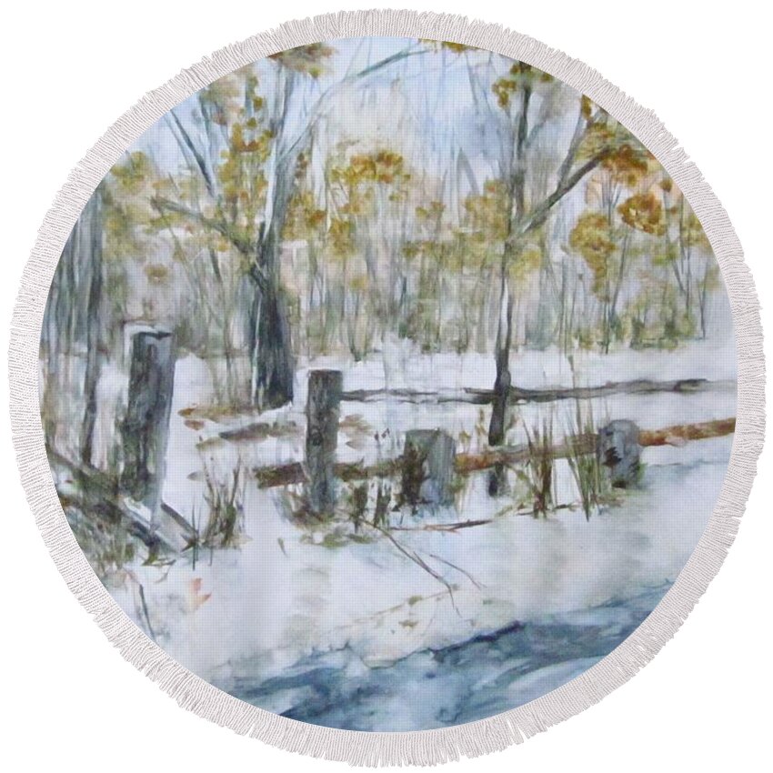 Early Spring Round Beach Towel featuring the painting Early Spring Snow by Paula Pagliughi