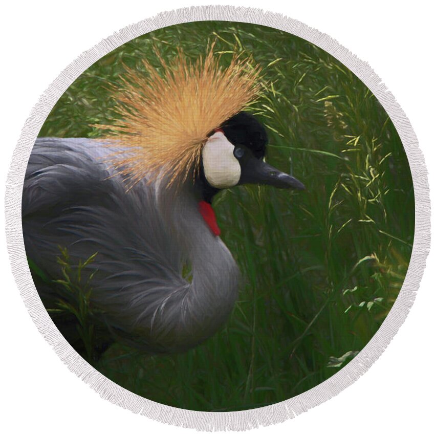 African Crowned Cranes Round Beach Towel featuring the digital art East African Crowned Crane DP by Ernest Echols