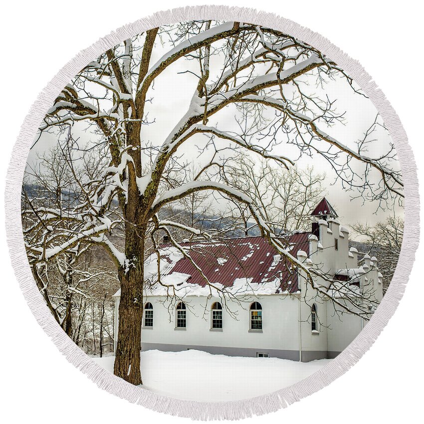 Landscape Round Beach Towel featuring the photograph East Chapel Church by Joe Shrader