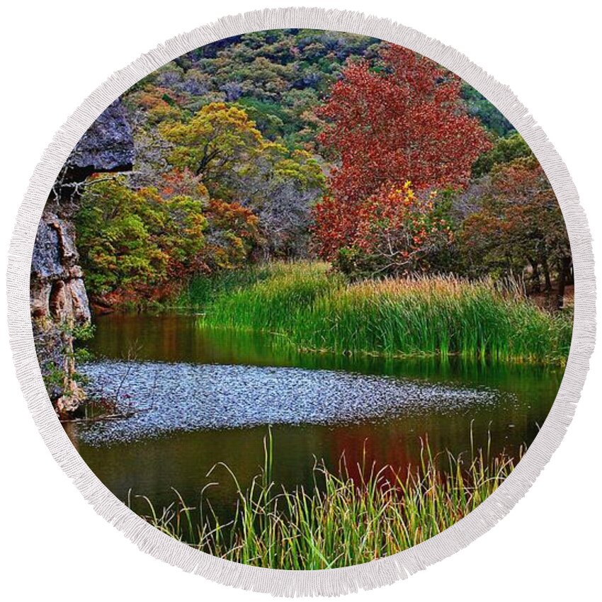 Michael Tidwell Photography Round Beach Towel featuring the photograph East Trail Pond at Lost Maples by Michael Tidwell