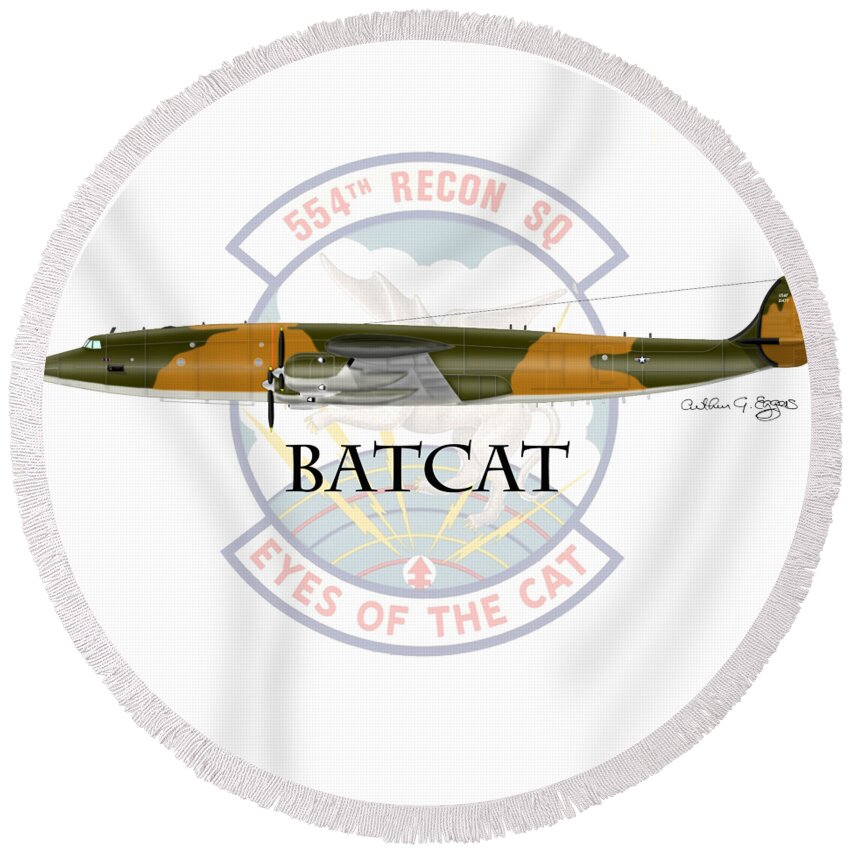 Ec-121r Round Beach Towel featuring the digital art EC-121R BatCat by Arthur Eggers