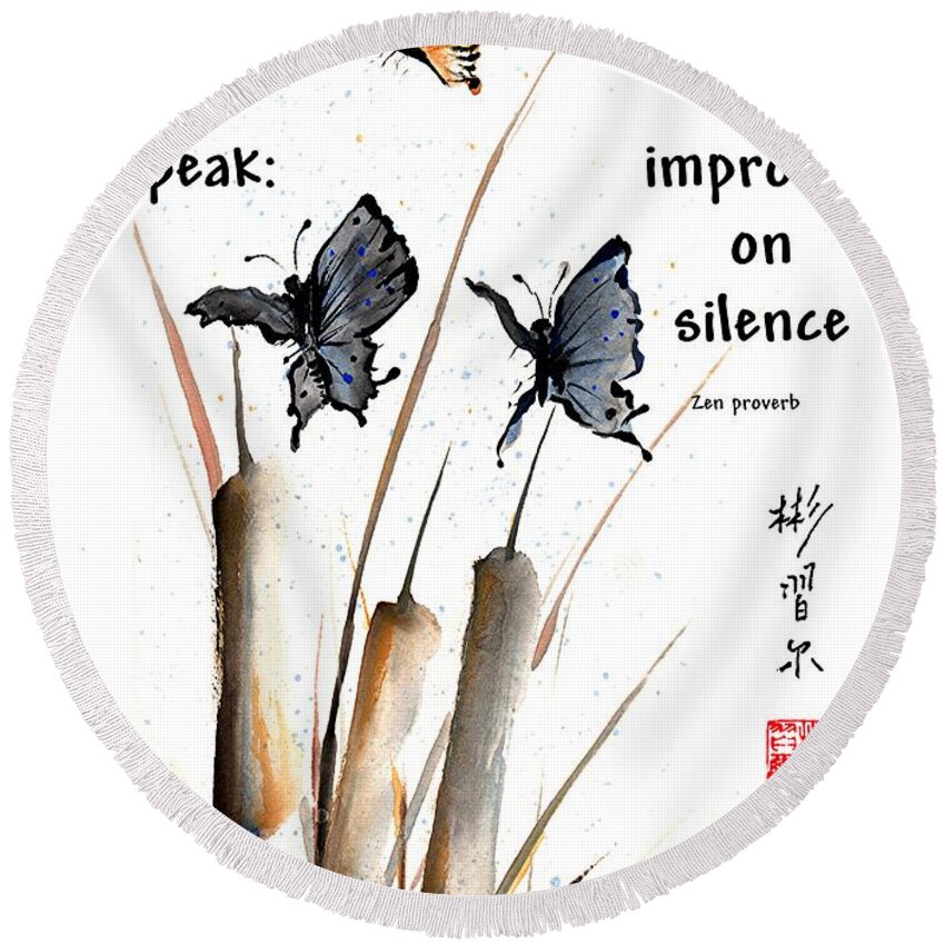 Chinese Brush Painting Round Beach Towel featuring the painting Echo of Silence with Zen proverb by Bill Searle