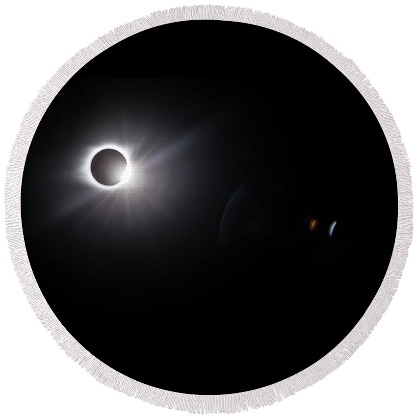Diamond Round Beach Towel featuring the photograph Eclipse Diamond Ring Effect with Solar Flares by Debra and Dave Vanderlaan