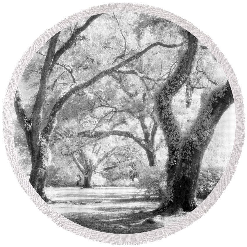 Black And White Round Beach Towel featuring the photograph Eden Plantation Live Oaks by John Harmon