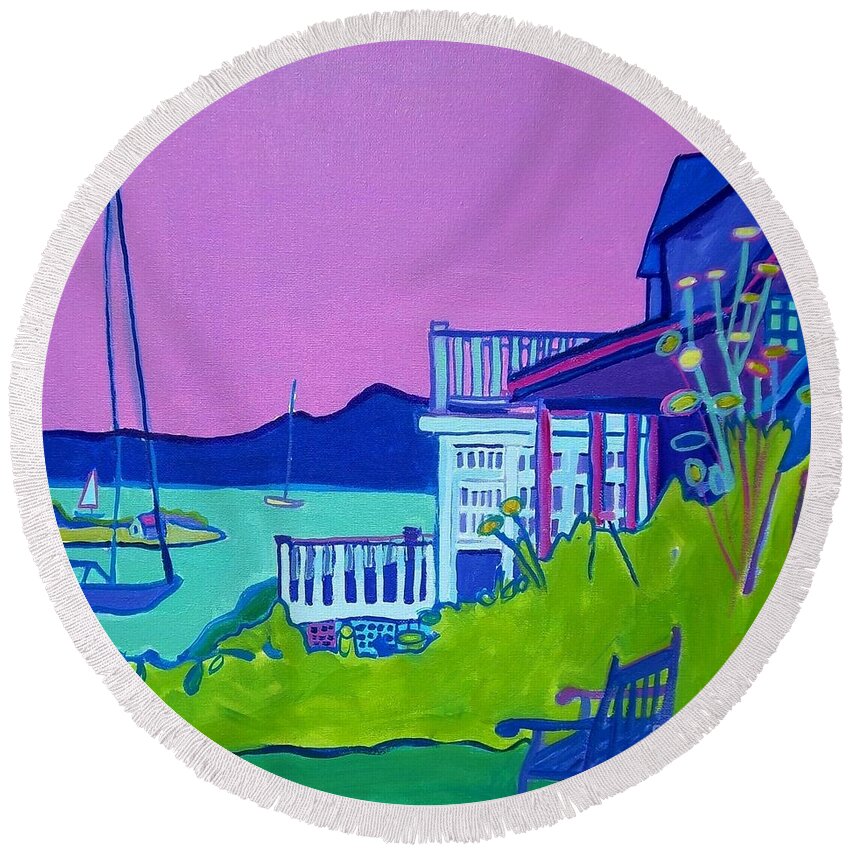 Landscape Round Beach Towel featuring the painting Edgartown Porches by Debra Bretton Robinson
