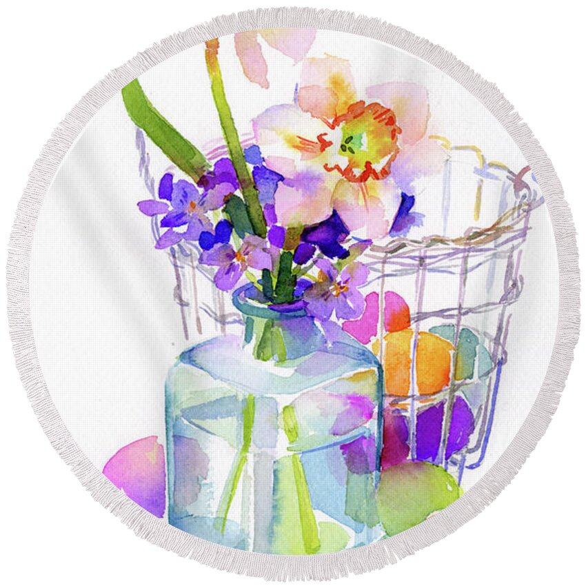 Narcissus Round Beach Towel featuring the painting Egg basket with flowers by John Keeling
