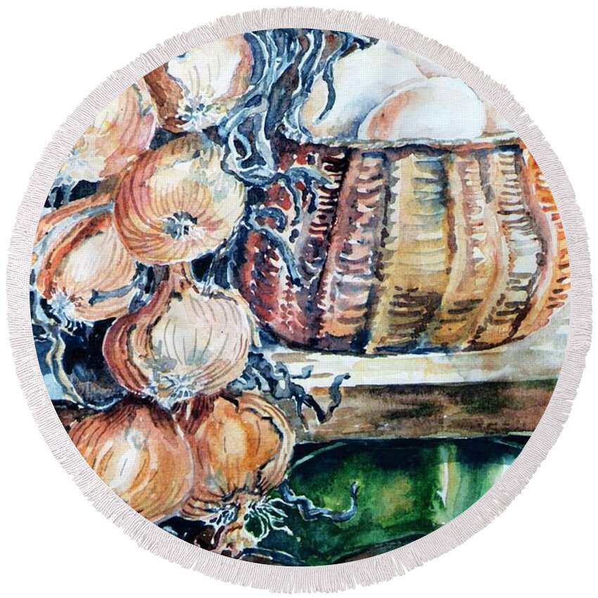 Onions Round Beach Towel featuring the painting Eggs and Onions in the Larder by Trudi Doyle