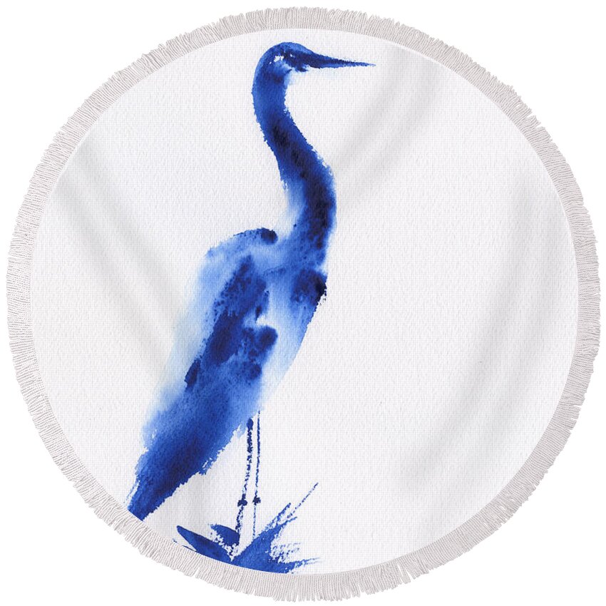 Egret In Blue 3 Round Beach Towel featuring the painting Egret In Blue 3 by Frank Bright