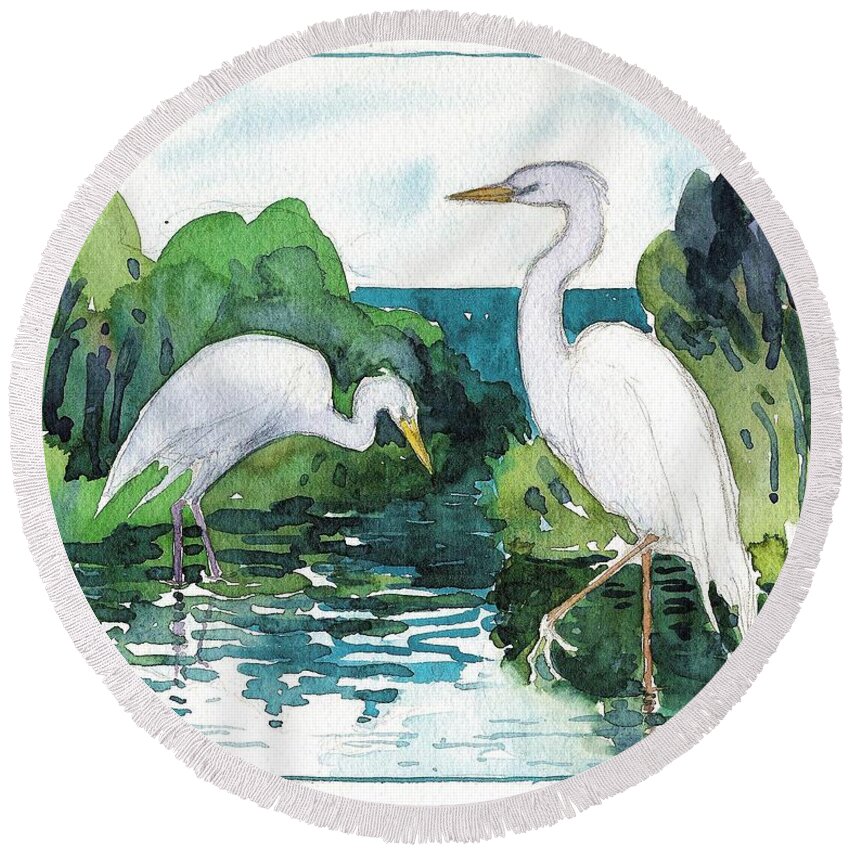 Egret Round Beach Towel featuring the painting Egret Pair by Catinka Knoth