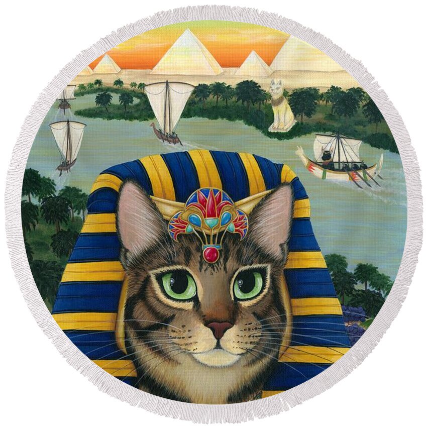 Bast Cat Round Beach Towel featuring the painting Egyptian Pharaoh Cat - King of Pentacles by Carrie Hawks